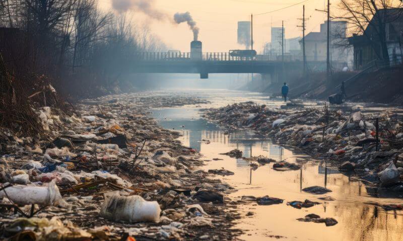 Umweltgefahren für die Gesundheit. Man sieht einen verschmutzten Fluss.